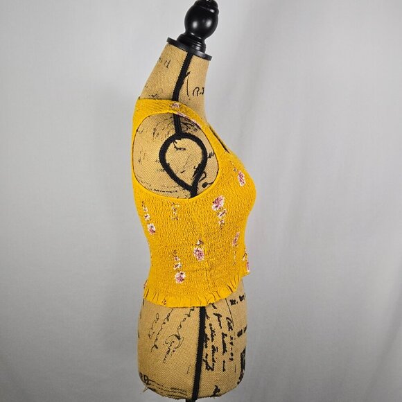 Japna Yellow Smocked Floral Crop Top Size L Square Neck Ruffle Hem Boho Stretchy - Picture 4 of 12